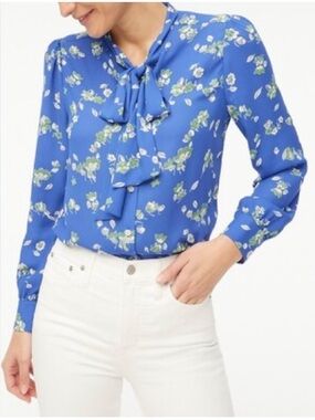 🌟 J. CREW 🌟 FLORAL PRINT TIE NECK LONG SLEEVE BLOUSE BLUE SZ S